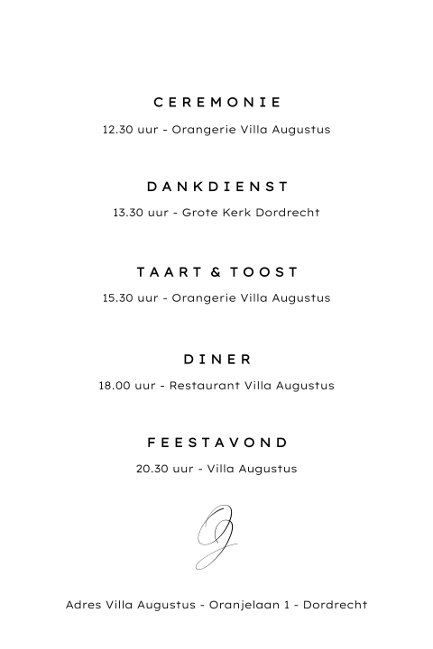 Dagprogramma kaart met klassieke uitstraling en initialen