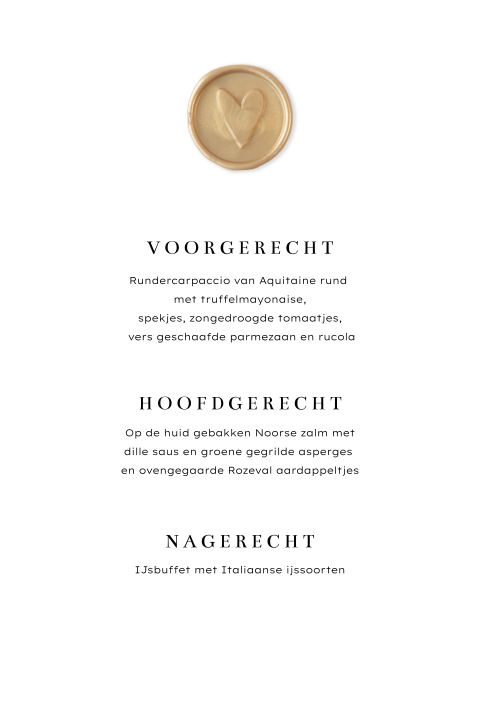 Rustige menukaart met lakzegel en klassiek lettertype