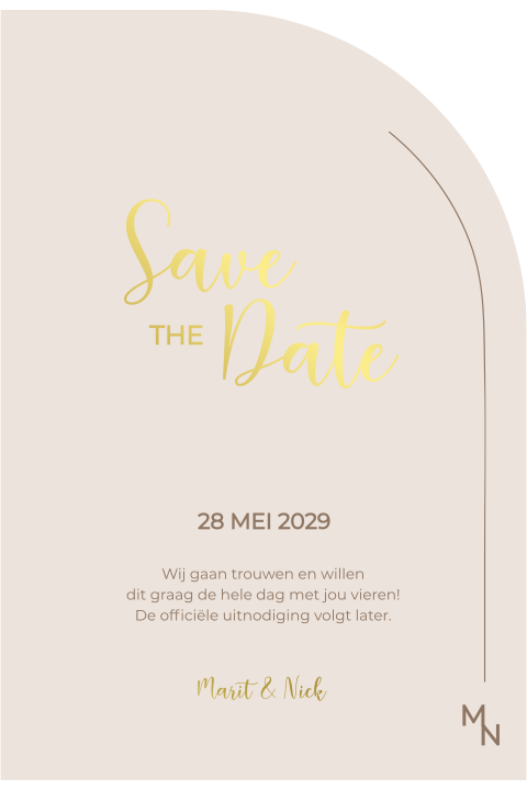 save the date beige halve boog goudfolie initialen