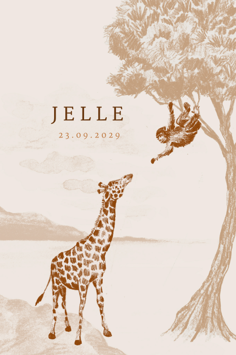 Jungle geboortekaart met ronde hoeken en getekende giraffe met aap