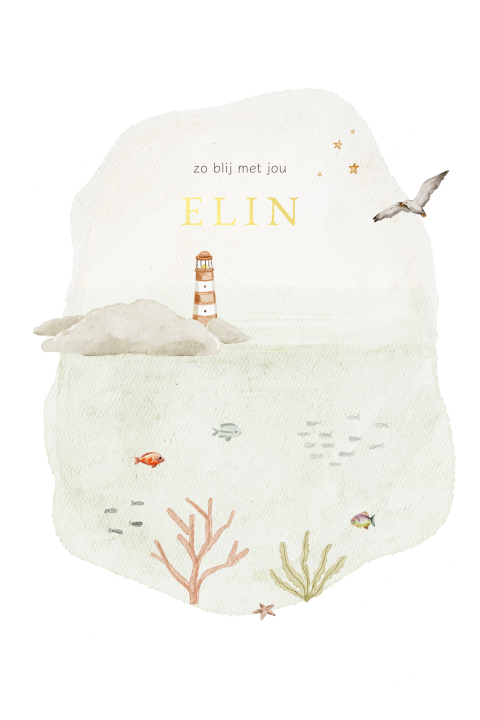 Unisex geboortekaartje onder water vissen vuurtoren strand zomer