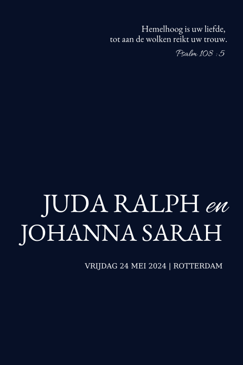 Trouwkaart donkerblauw typografie chique ronde hoeken