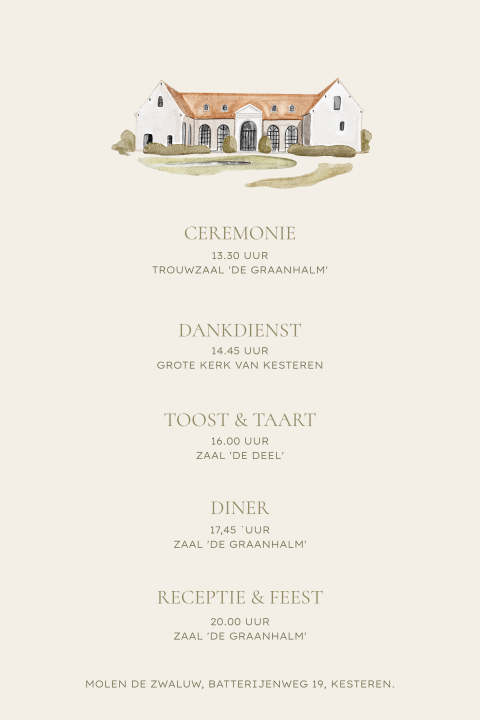 Dagprogramma kaartje bruiloft trouwlocatie getekend