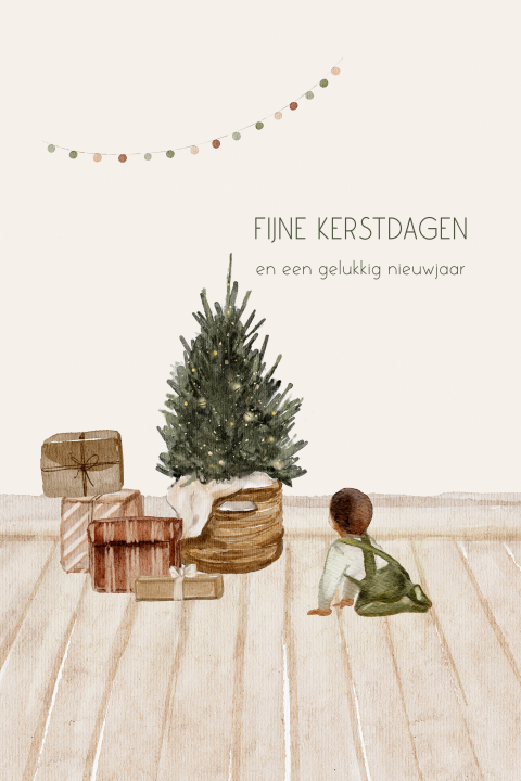 Kerstkaart baby eerste kerst met kerstboom en cadeaus