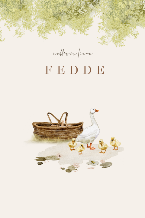 Lente geboortekaartje met een gans en kuikens bij een baby mandje