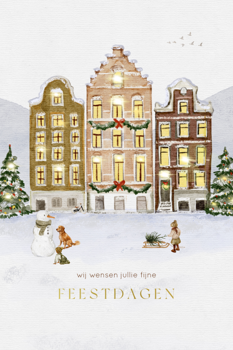 Getekende kerstkaart illustratie grachtenpandjes sneeuw kindjes