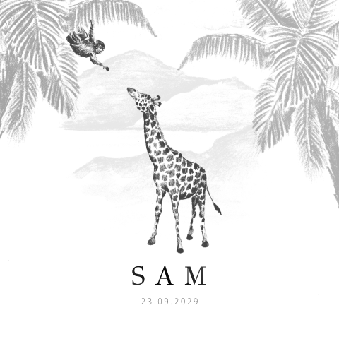 Unisex geboortekaartje zwartfolie getekende giraffe met aap