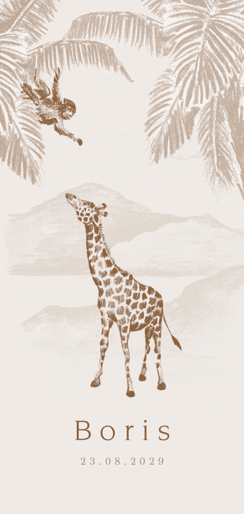 Getekend geboortekaartje met giraffe en aapje in de boom