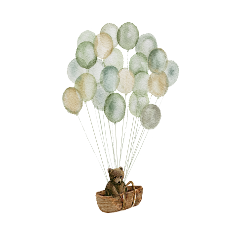 Sluitsticker voor geboortekaartje met mand met beertje en ballonnen