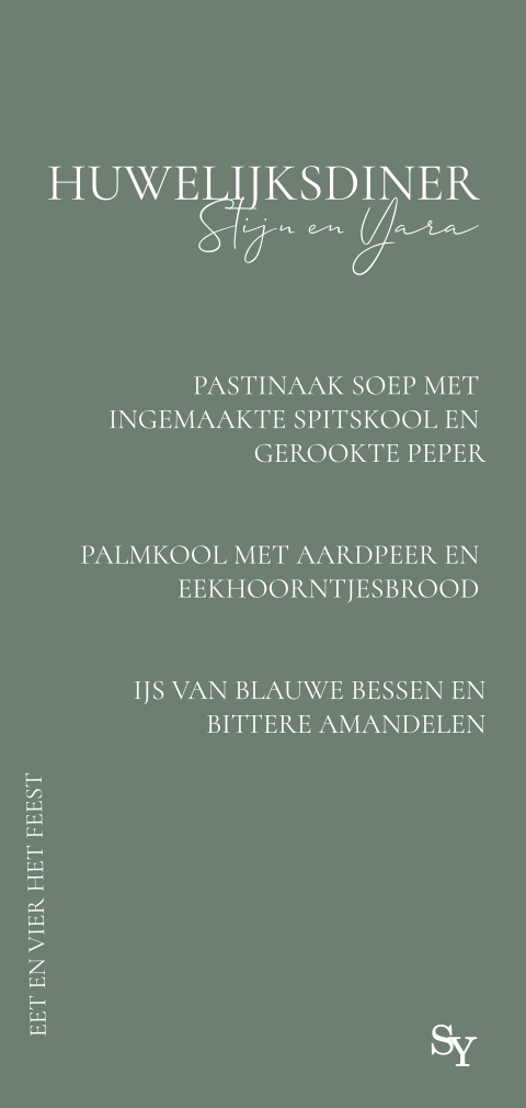 Menukaart groen initialen bruiloft