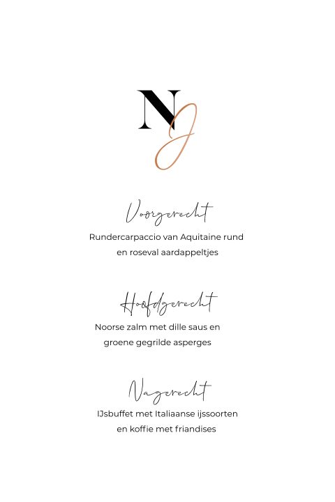 Menukaart in boogvorm met initialen en koperfolie