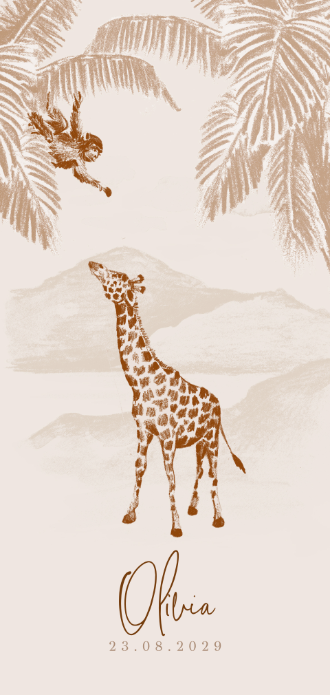 Geboortekaartje vintage jungle roestbruin met giraffe en aapje