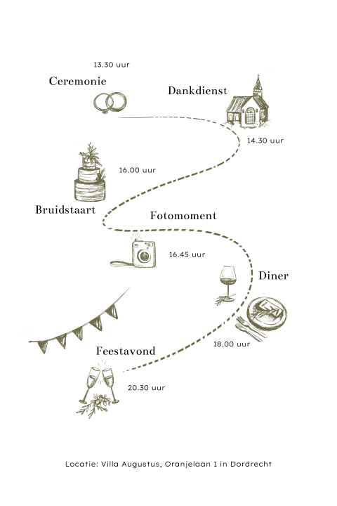 Dagprogramma voor een trouwerij met getekende pictogrammen in groen