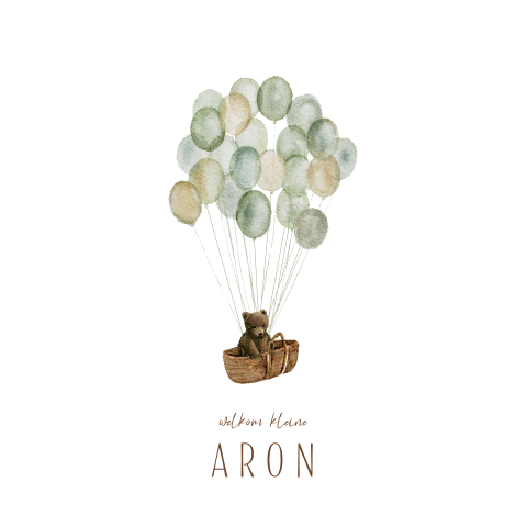 Vierkant geboortekaartje met beer in mandje met ballonnen