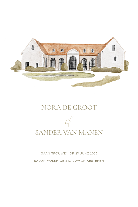 Dubbele trouwkaart getekende trouwlocatie salon molen de zwaluw