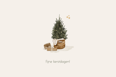 Kerstkaart getekend met kerstboom en cadeautjes en sterren