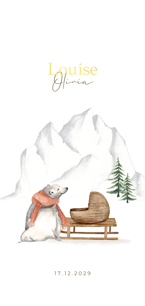 Rechthoekig geboortekaartje getekend winter ijsbeer en wiegje slee