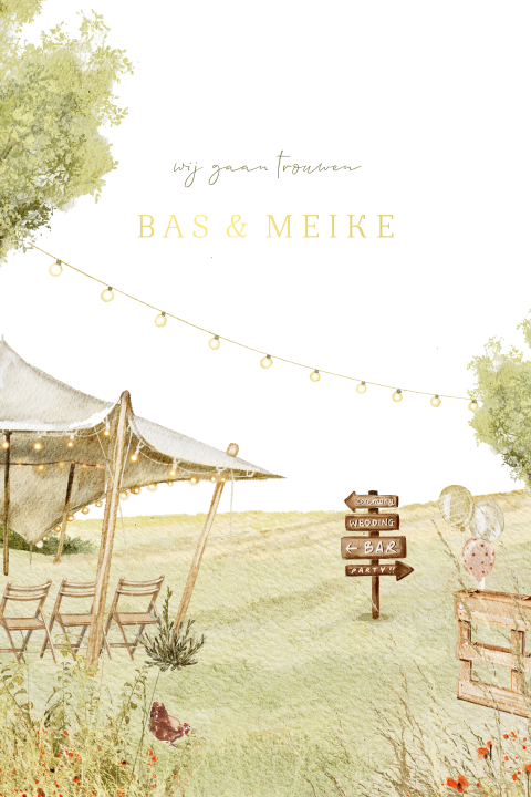 Trouwkaart bohemian getekend illustraties met lampjes en een tent