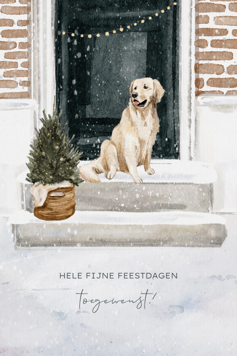 Getekende kerstkaart met voordeur met golden retriever kerstboom