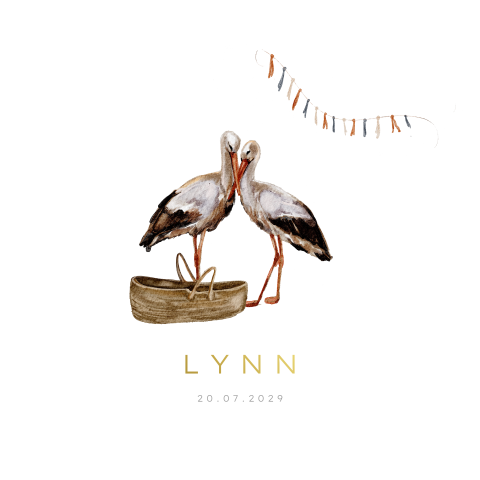Getekend geboortekaartje ooievaars bij een mandje en goudfolie