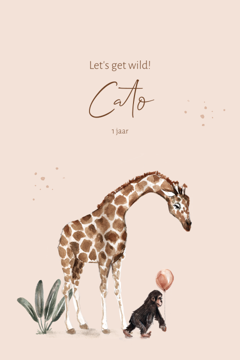 Uitnodiging feestje meisje met giraffe en aapje met ballon