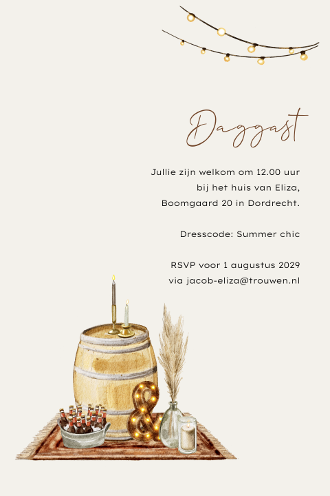 Kaartje daggasten bruiloft met getekende vintage illustraties