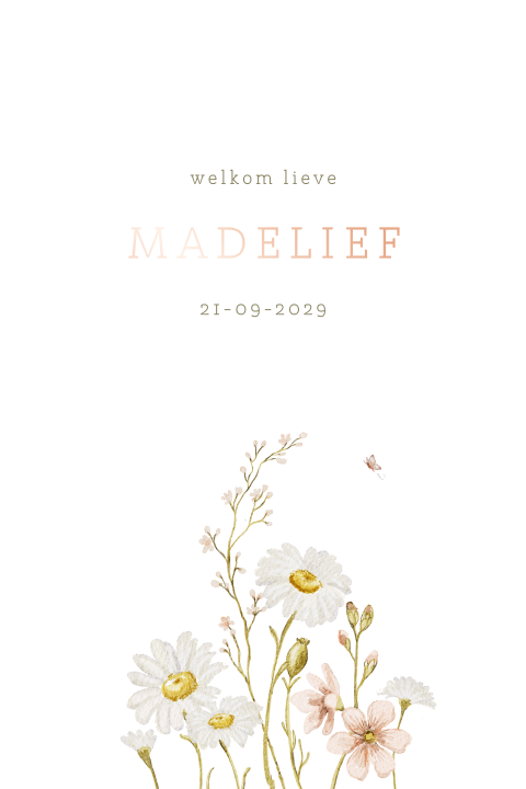 Geboortekaartje madeliefjes getekend lente bloemen folie