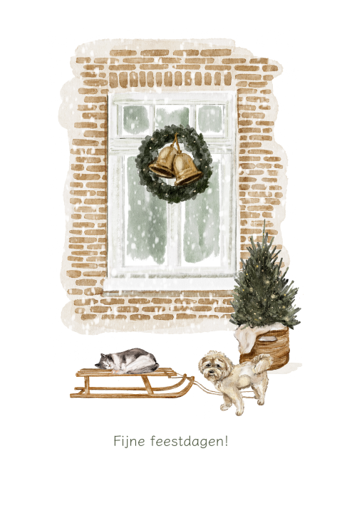 Kerstkaart met illustratie van raam en slee met kat en hond