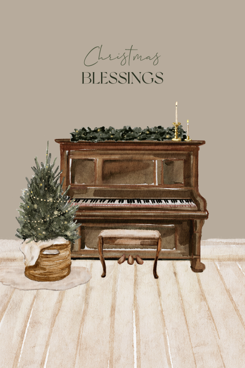 Christelijke getekende kerstkaart kerstboom piano