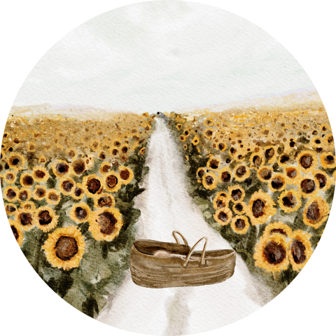 Sluitsticker zonnebloemen geboortekaartje met baby in mandje