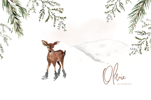 Geboortekaartje met een hertje in de sneeuw en groene takjes