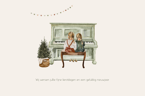 Kerstkaart getekend met twee meisjes op een piano met kerstboom