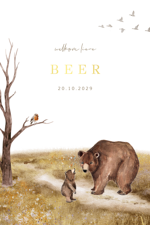 Geboortekaartje jongen goudfolie herfst met bruine beren en vogels