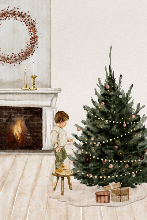 Getekende kerstkaart jongetje bij kerstboom in huiskamer