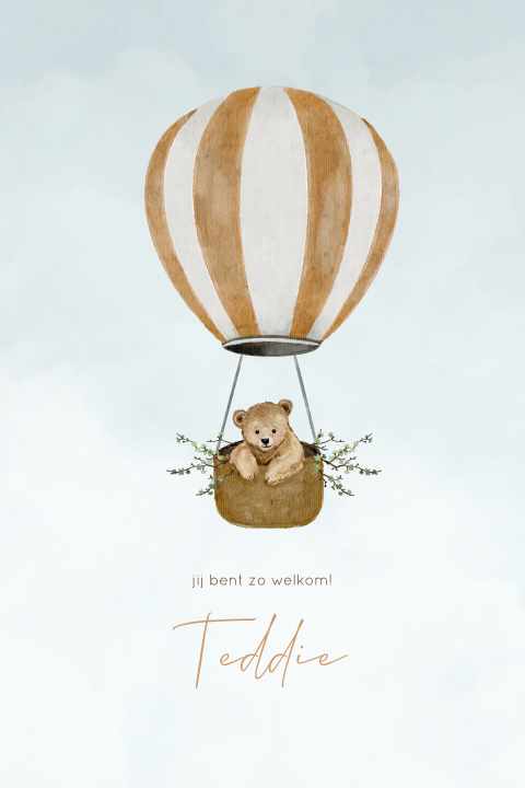 Geboortekaartje aquarel beertje in oranje luchtballon