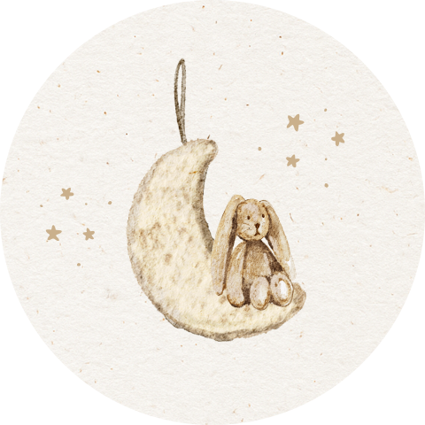 Neutraal beige sluitsticker met een konijntje op een maan