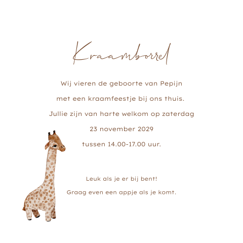 Kraamborrel kaartje met een getekende giraf