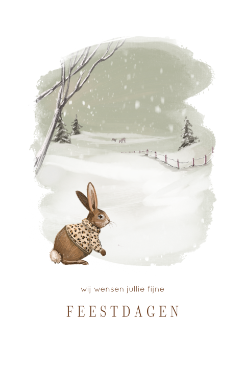 Kerstkaart winter landschap groen met konijn trui