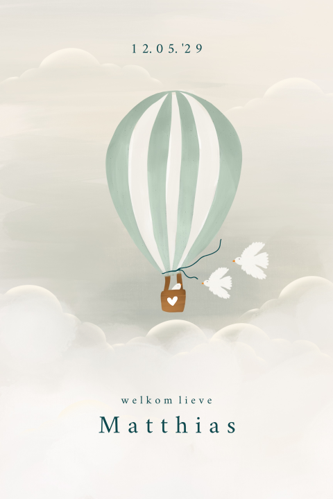 Geboortekaartje luchtballon groen duiven