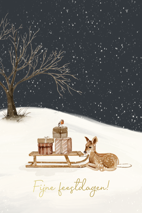 Kerstkaart met winter plaatje slee met cadeaus en hertje