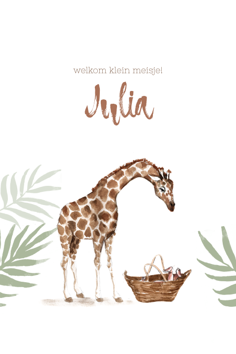 Lief geboortekaartje met een giraffe bij een mandje met een baby