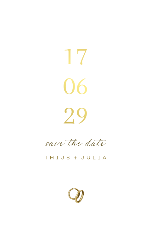 Save the date kaart met trouwdatum in goudfolie getekende ringen