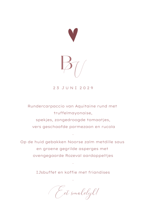 Bloemen menukaart trouwkaart met hart en initialen