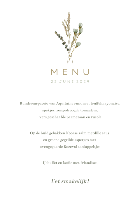 Menukaart huwelijk droogbloemen groen en taupe