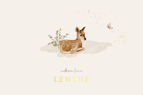 Lief geboortekaartje hertje meisje met vlinder en goudfolie