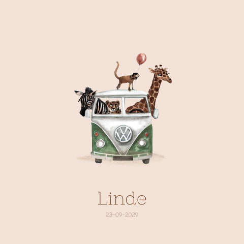 Getekend geboortekaartje met jungledieren in busje