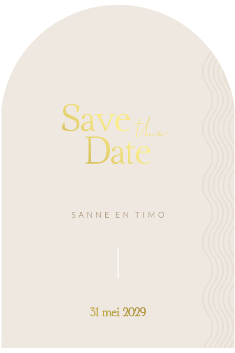 Beige boogvorm save the date met golfpatroon en goudfolie