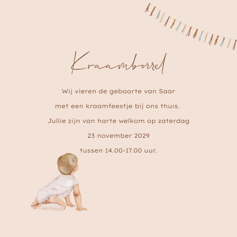 Roze kraamborrel kaartje voor een meisje met een baby en slingers