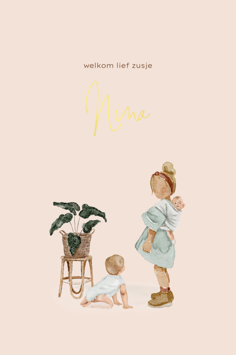 Geboortekaartje tweede kind met grote zus en baby en goudfolie naam