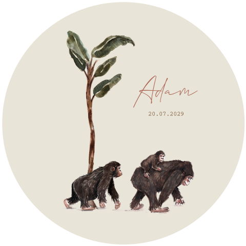 Rond getekend jungle geboortekaartje met apen klein aapje op rug